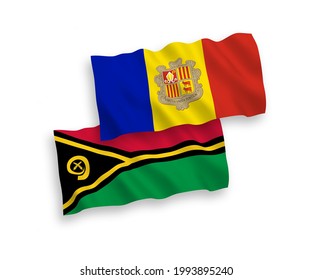 National vector fabric wave flags of Republic of Vanuatu and Andorra isolated on white background. 1 to 2 proportion.