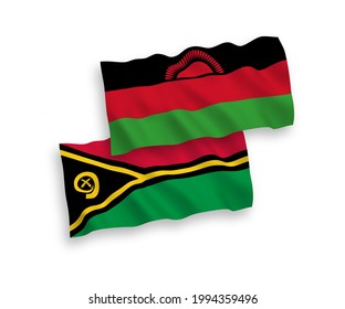 National vector fabric wave flags of Republic of Vanuatu and Malawi isolated on white background. 1 to 2 proportion.