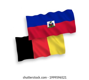 National vector fabric wave flags of Republic of Haiti and Belgium isolated on white background. 1 to 2 proportion.