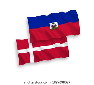 National vector fabric wave flags of Denmark and Republic of Haiti isolated on white background. 1 to 2 proportion.