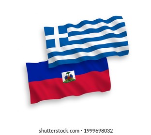 National vector fabric wave flags of Greece and Republic of Haiti isolated on white background. 1 to 2 proportion.