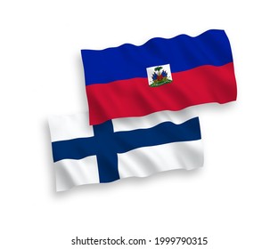 National vector fabric wave flags of Finland and Republic of Haiti isolated on white background. 1 to 2 proportion.