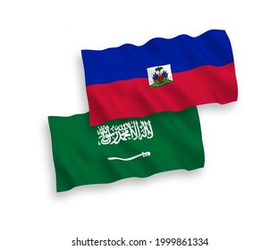 Banderas de olas de tela vectorial nacional de la Arabia Saudita y la República de Haití aisladas de fondo blanco. de 1 a 2.