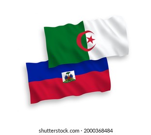 National vector fabric wave flags of Republic of Haiti and Algeria isolated on white background. 1 to 2 proportion.