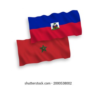 National vector fabric wave flags of Republic of Haiti and Morocco isolated on white background. 1 to 2 proportion.