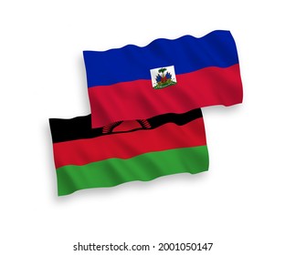 National vector fabric wave flags of Republic of Haiti and Malawi isolated on white background. 1 to 2 proportion.
