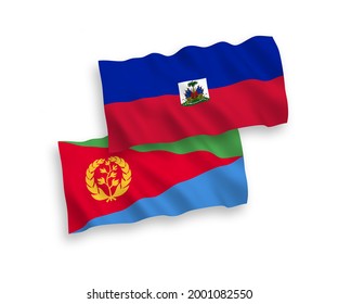 National vector fabric wave flags of Republic of Haiti and Eritrea isolated on white background. 1 to 2 proportion.