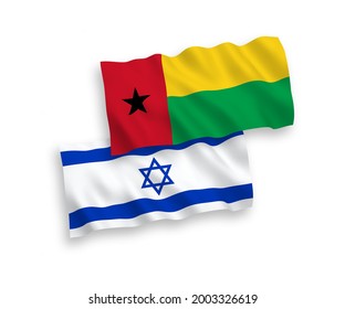 National vector fabric wave flags of Republic of Guinea Bissau and Israel isolated on white background. 1 to 2 proportion.
