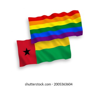 National vector fabric wave flags of Republic of Guinea Bissau and Rainbow gay pride isolated on white background. 1 to 2 proportion.