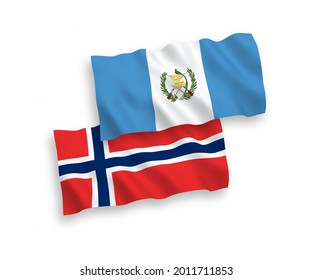 National vector fabric wave flags of Norway and Republic of Guatemala isolated on white background. 1 to 2 proportion.