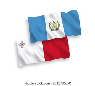 National vector fabric wave flags of Malta and Republic of Guatemala isolated on white background. 1 to 2 proportion.