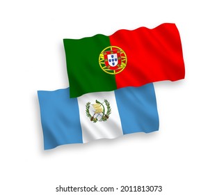 National vector fabric wave flags of Portugal and Republic of Guatemala isolated on white background. 1 to 2 proportion.