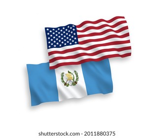 National vector fabric wave flags of Republic of Guatemala and USA isolated on white background. 1 to 2 proportion.