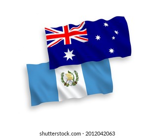 National vector fabric wave flags of Australia and Republic of Guatemala isolated on white background. 1 to 2 proportion.