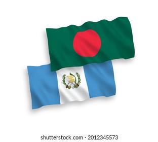 National vector fabric wave flags of Republic of Guatemala and Bangladesh isolated on white background. 1 to 2 proportion.