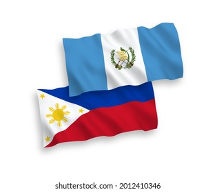 National vector fabric wave flags of Republic of Guatemala and Philippines isolated on white background. 1 to 2 proportion.