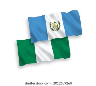 National vector fabric wave flags of Republic of Guatemala and Nigeria isolated on white background. 1 to 2 proportion.