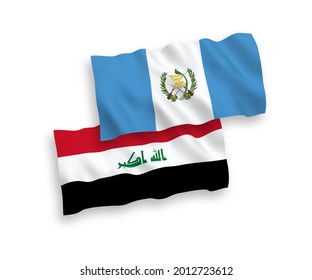 National vector fabric wave flags of Republic of Guatemala and Iraq isolated on white background. 1 to 2 proportion.