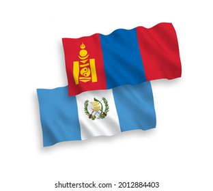 National vector fabric wave flags of Republic of Guatemala and Mongolia isolated on white background. 1 to 2 proportion.