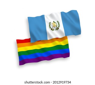 National vector fabric wave flags of Republic of Guatemala and Rainbow gay pride isolated on white background. 1 to 2 proportion.