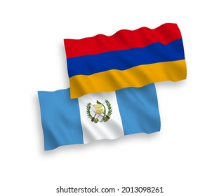 National vector fabric wave flags of Republic of Guatemala and Armenia isolated on white background. 1 to 2 proportion.