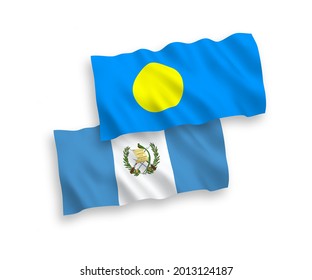 National vector fabric wave flags of Republic of Guatemala and Palau isolated on white background. 1 to 2 proportion.