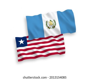 National vector fabric wave flags of Republic of Guatemala and Liberia isolated on white background. 1 to 2 proportion.