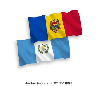 National vector fabric wave flags of Republic of Guatemala and Moldova isolated on white background. 1 to 2 proportion.