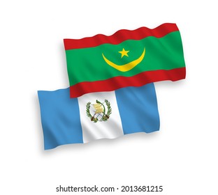 Nationale Vektor-Wellen-Flaggen der Republik Guatemala und der Islamischen Republik Mauretanien einzeln auf weißem Hintergrund. 1 bis 2 %.