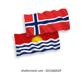 National vector fabric wave flags of Norway and Republic of Kiribati isolated on white background. 1 to 2 proportion.