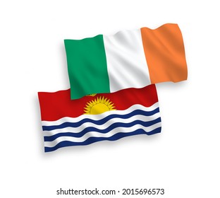 National vector fabric wave flags of Ireland and Republic of Kiribati isolated on white background. 1 to 2 proportion.
