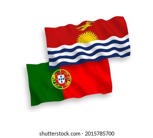 National vector fabric wave flags of Portugal and Republic of Kiribati isolated on white background. 1 to 2 proportion.