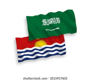 National vector fabric wave flags of Saudi Arabia and Republic of Kiribati isolated on white background. 1 to 2 proportion.