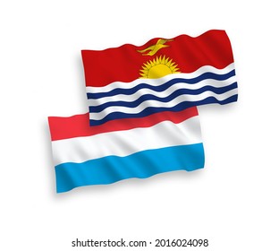 National vector fabric wave flags of Republic of Kiribati and Luxembourg isolated on white background. 1 to 2 proportion.