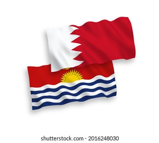 National vector fabric wave flags of Republic of Kiribati and Bahrain isolated on white background. 1 to 2 proportion.