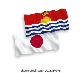 National vector fabric wave flags of Japan and Republic of Kiribati isolated on white background. 1 to 2 proportion.