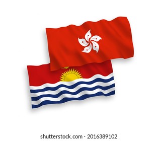 National vector fabric wave flags of Republic of Kiribati and Hong Kong isolated on white background. 1 to 2 proportion.