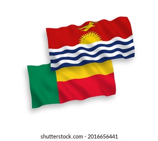 National vector fabric wave flags of Republic of Kiribati and Benin isolated on white background. 1 to 2 proportion.