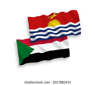 National vector fabric wave flags of Republic of Kiribati and Sudan isolated on white background. 1 to 2 proportion.