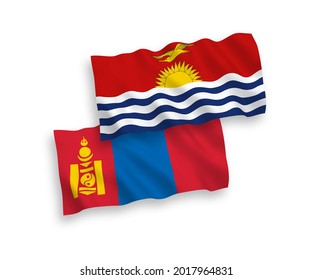 National vector fabric wave flags of Republic of Kiribati and Mongolia isolated on white background. 1 to 2 proportion.