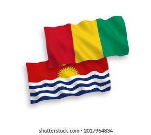 National vector fabric wave flags of Republic of Kiribati and Guinea isolated on white background. 1 to 2 proportion.