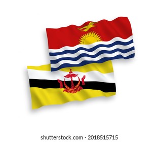 National vector fabric wave flags of Republic of Kiribati and Brunei isolated on white background. 1 to 2 proportion.