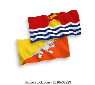 National vector fabric wave flags of Republic of Kiribati and Kingdom of Bhutan isolated on white background. 1 to 2 proportion.