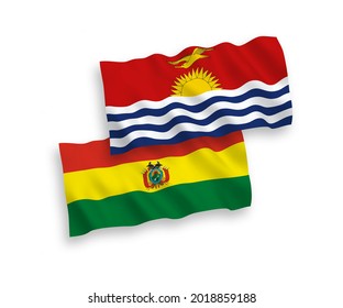 National vector fabric wave flags of Republic of Kiribati and Bolivia isolated on white background. 1 to 2 proportion.
