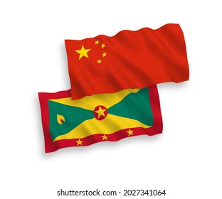 National vector fabric wave flags of Grenada and China isolated on white background 1 to 2 proportion.