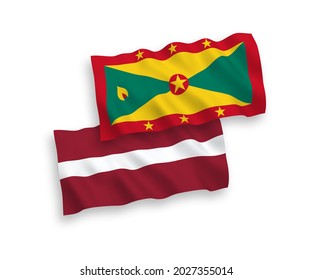 National vector fabric wave flags of Latvia and Grenada isolated on white background. 1 to 2 proportion.