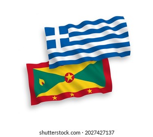 National vector fabric wave flags of Greece and Grenada isolated on white background. 1 to 2 proportion.