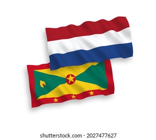 Banderas de olas de tela vectorial nacional de Granada y los Países Bajos aisladas en fondo blanco. de 1 a 2.