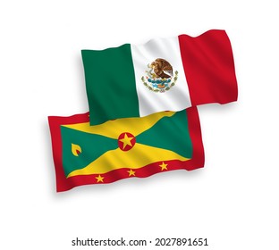 National vector fabric wave flags of Mexico and Grenada isolated on white background. 1 to 2 proportion.
