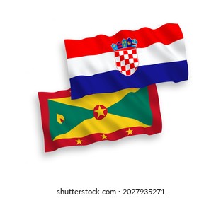 National vector fabric wave flags of Grenada and Croatia isolated on white background. 1 to 2 proportion.